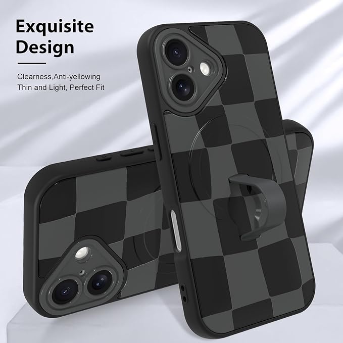 KANGHAR Compatible with iPhone 16 Case, Support for MagSafe, Silicone Checkered Cute Pattern, Wristband Kickstand Camera Protection Soft Slim Cover for Girls Women -Black