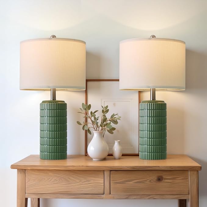 PoKat 24" Modern Ceramic Table Lamps Set of 2 for Bedroom, Green Bedside Lamps for Night Stands, Farmhouse House Decor Nightstand Table Lamps for Living Room End Table Green