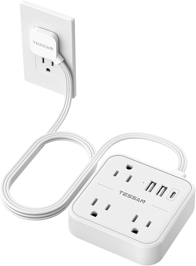 TESSAN Ultra Thin Flat Extension Cord 5 FT, Slim Power Strip with USB Ports (1 USB C), Surge Protector Flat Plug Wall Charger with 3 Outlets for Office, School, Dorm Room Essentials, White