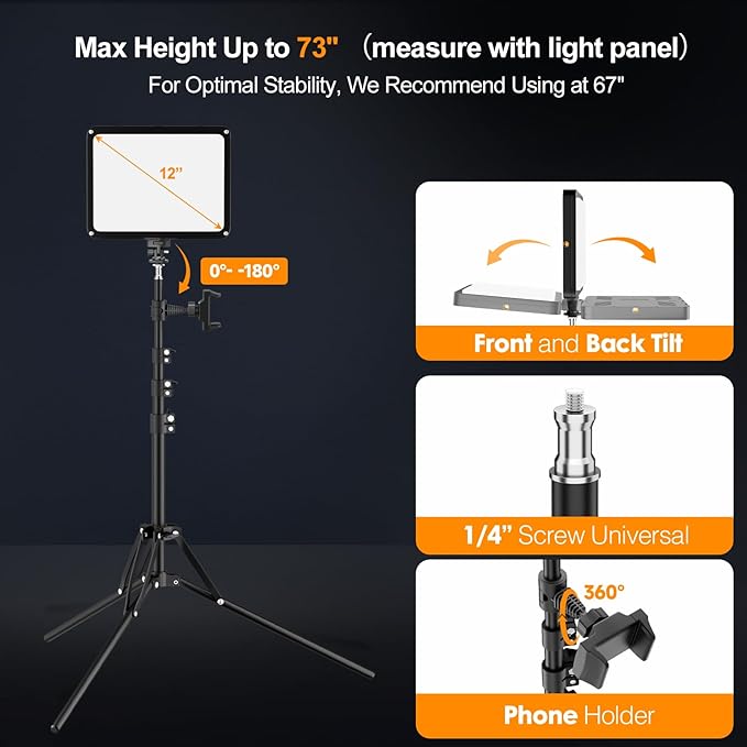 EMART LED Video Light Kit with Phone Holder & Barndoor, 2800-7000K Dimmable Studio Lights for Video Recording, 73'' Height for Live Streaming, YouTube, Vlog, Photography, Content, Podcast, 2-Pack