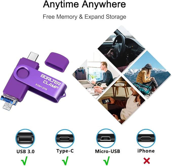 128GB 3 in 1 USB 3.0 Flash Drive Photo Stick for Android Phones, BorlterClamp OTG Memory Stick with 3 USB Ports (USB C, microUSB, USB A) for Samsung Galaxy, LG, Tablets, PC and More, Purple