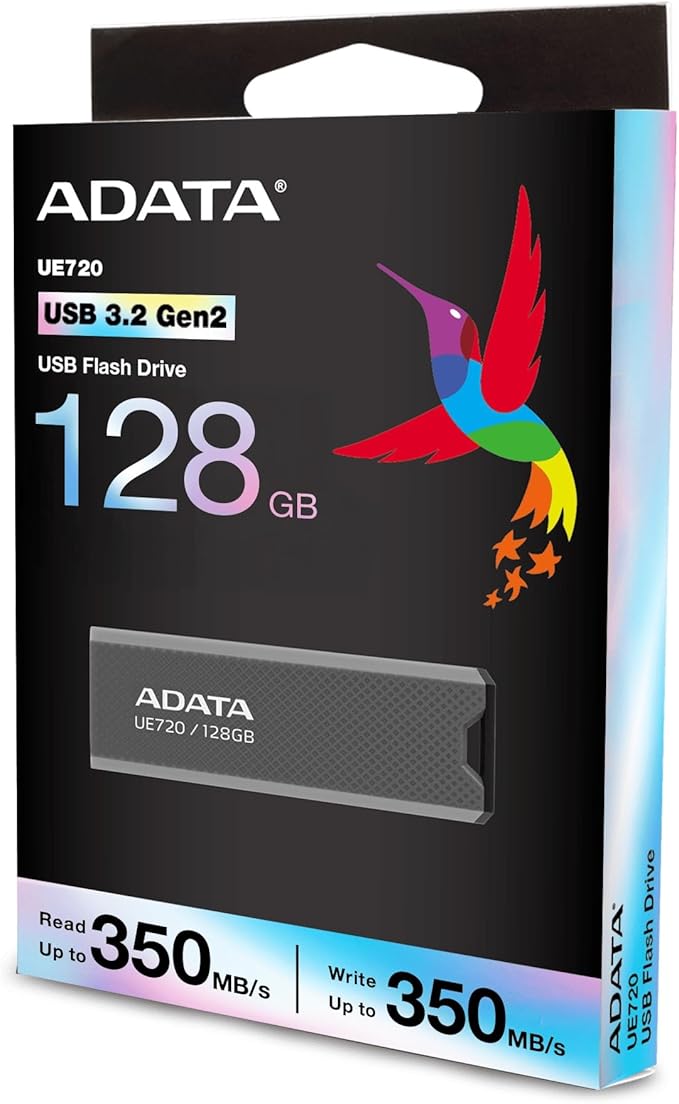 ADATA UE720 USB Flash Drive - 128GB USB 3.2 Gen2 Flash Drive for High Speed Data Transfer - Up to 350MB/s - Capless Push Design - USB 10Gbps External Storage - Grey - 1 Count