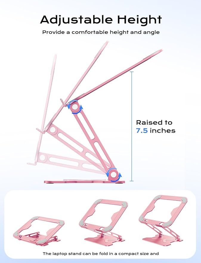 JCZT Adjustable Laptop Stand for Desk, Metal Foldable Laptop Riser, Portable Laptop Holder Mount, Ventilated Cooling Computer Notebook Stand for MacBook Air Pro, All 10-16'' Notebooks Laptops, Pink