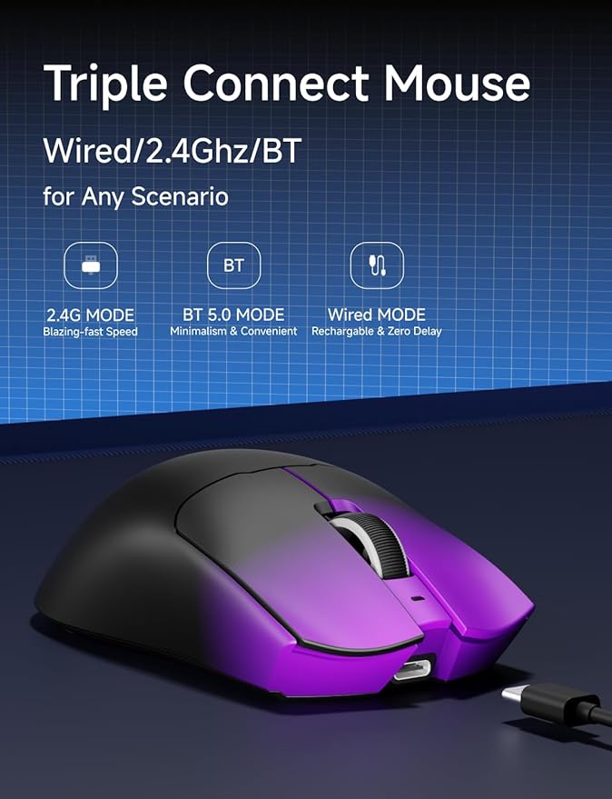 EWEADN S9 Pro Wireless Gaming Mouse, 59g Ergonomic Computer Mouse, 2.4Ghz/Bluetooth/USB-C, 8K Polling Rate, 26000 DPI, PAW3395 Optical Sensor, 250Hrs Battery Life, Programmable for PC/Win/Mac