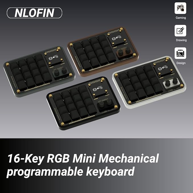Double Knob Custom Macro Pad Programmable Designer Mini Keyboard 16 Keys with Screen (Grey,KB16)