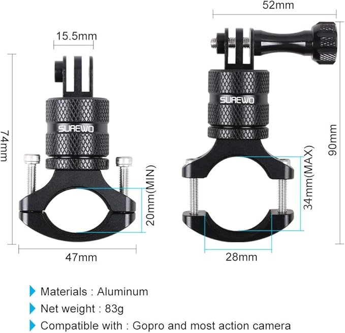 Bike Mount for Action Cameras, Aluminum Handlebar Mount Compatible with GoPro Hero 13/12/11/10/9/8/7/6/5 Black, GoPro Max, DJI Osmo Action 5/4/3/2, Crosstour and More