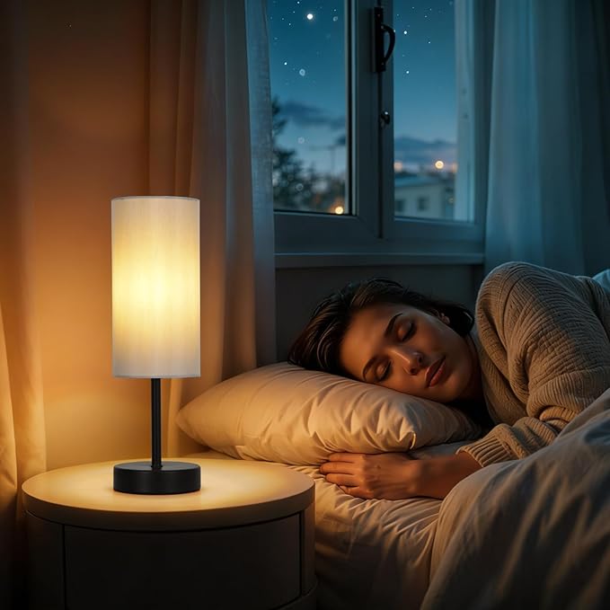 RISLG 2 Pack Small Table Lamps for Bedroom, Bedside Lamps for Nightstand with Wire Switch, Minimalist Modern Desk Lamps with Linen Fabric Shade for Kids Room Living Room Office Dorm, Bulb Included
