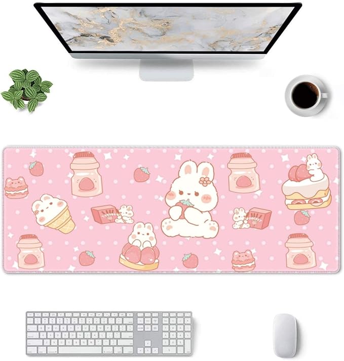 Kawaii Rabbit Strawberry Gaming Mouse Pad Extended Large Mouse Mat 31.5 X 11.8 Inch Nonslip Rubber Base Long Desk Pad Stitched Edges Mousepad Mice Pad for Office Home Game