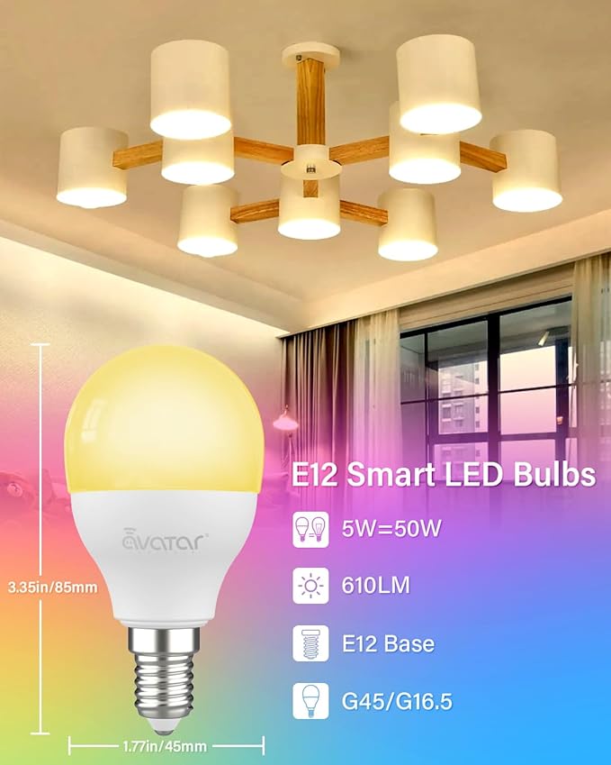 6 Pack E12 Smart LED Light Bulbs, 5W Alexa Small Base Candelabra Bulb, Group Control Wi-Fi Ceiling Fan Bulbs Color Changing & Tunable White (2700K-6500K), No Hub Required, App & Voice Control