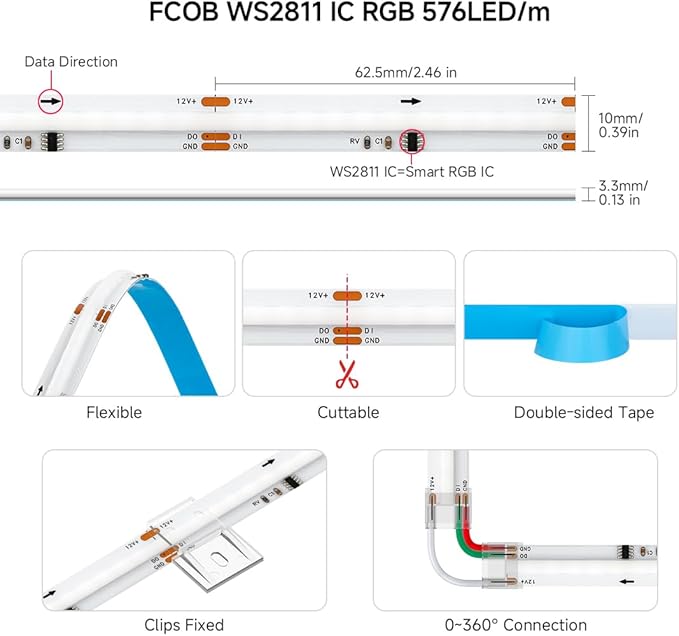 BTF-LIGHTING FCOB WS2811 IC RGB COB LED Strip DC12V 576LED/m 9.8FT Flexible High Density Color Chasing Uniform Light 16IC/m 10mm Width for Indoor Lighting Project(No Adapter or Controller)