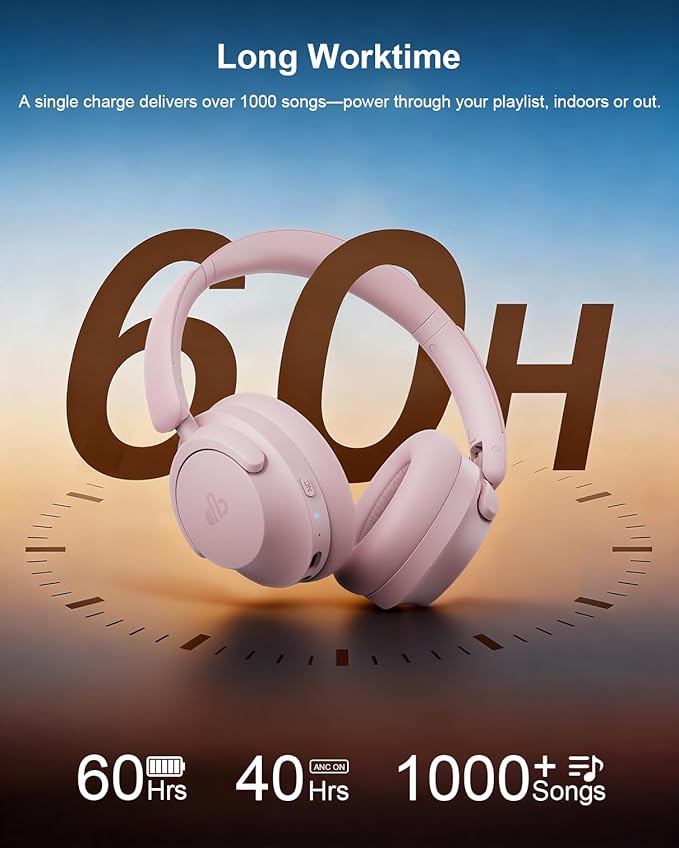 Hybrid Active Noise Cancelling Headphones, Over-Ear Bluetooth Headphone with Hi-Res Audio, 60H Playtime, Deep Bass, Transparency Mode, Foldable Comfort Ear Cups, Ideal gift for Travel Office - Pink