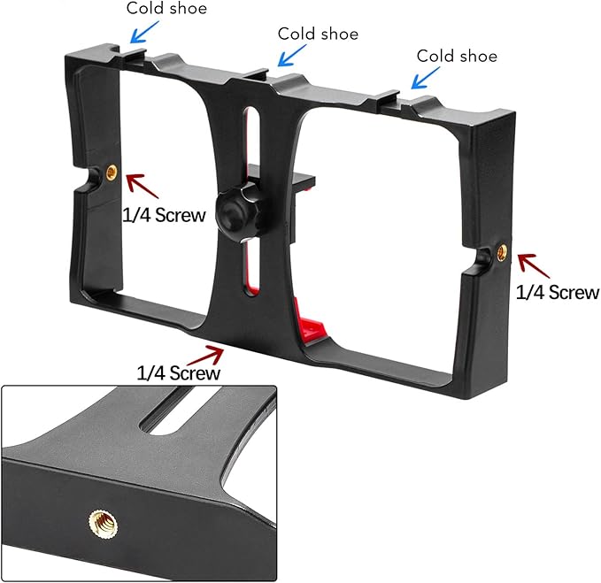Smartphone Video Rig, Handheld Phone Video Camera Stabilizer, Portable Phone Photography Vlog Cage, with Cold Shoe Mount, 1/4in Screw Holes, for Live Broadcast(Red)