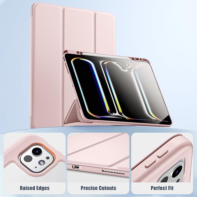 New Compatible with iPad Pro 13 inch Case M5 2025/M4 2024 with Built-in Pencil Holder, Kidopire for iPad Pro 13 Case with Hard Clear Back Shell, Support Pencil Pro & Pencil USB-C, Auto Wake/Sleep,Pink