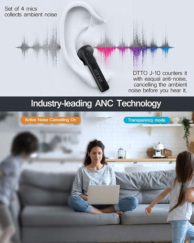 DTTO J-10 Active Noise Cancelling Earbuds with 60ms Low-Latency Game Mode, Wireless Charging Case Bluetooth 5.2 Auto-Pairing Touch-Enabled Voice-Assistant, Immersive Sound Deep Bass IPX8 Sweatproof
