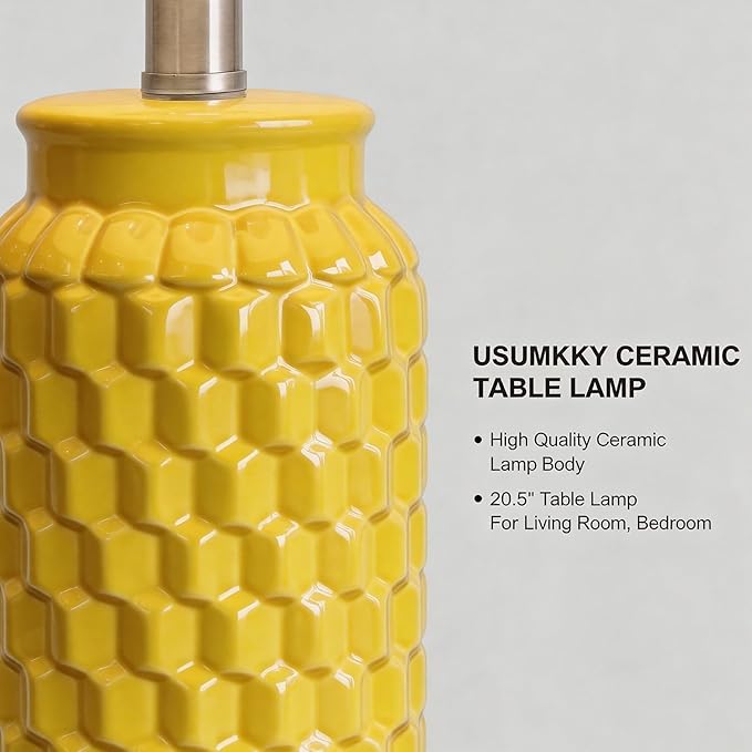 USumkky 20.5" Ceramic Table Lamps Set of 2 - Modern Farmhouse & Boho Style, Bedside Nightstand Lamps for Bedroom, Living Room End Table Lamps, Small Desk Lamp(Yellow)