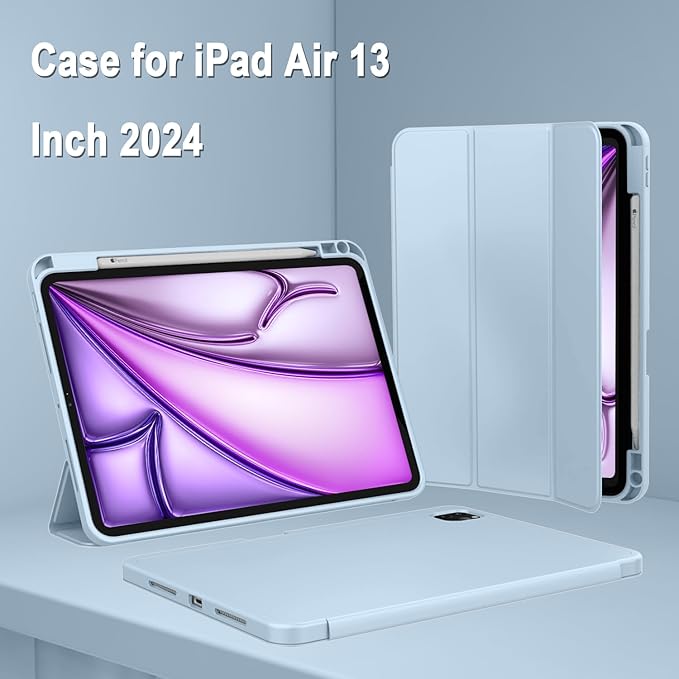 ZryXal New iPad Air 13 Inch Case M3 2025/M2 2024 with Pencil Holder, Trifold Stand Smart Case with Soft TPU Back,Auto Wake/Sleep(Sky Blue)