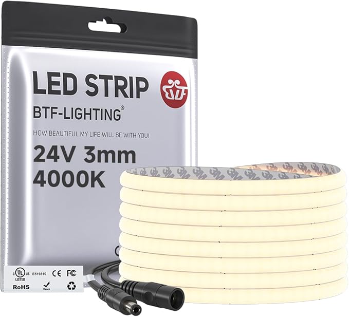 BTF-LIGHTING FCOB COB 3mm Width UL Listed Super Narrow Flexible Uniform LED Strip Light 16.4FT DC24V 4000K CRI 90+ Dimmable LED Ribbon for Kitchen Home Indoor Decor(No Adapter or Controller)