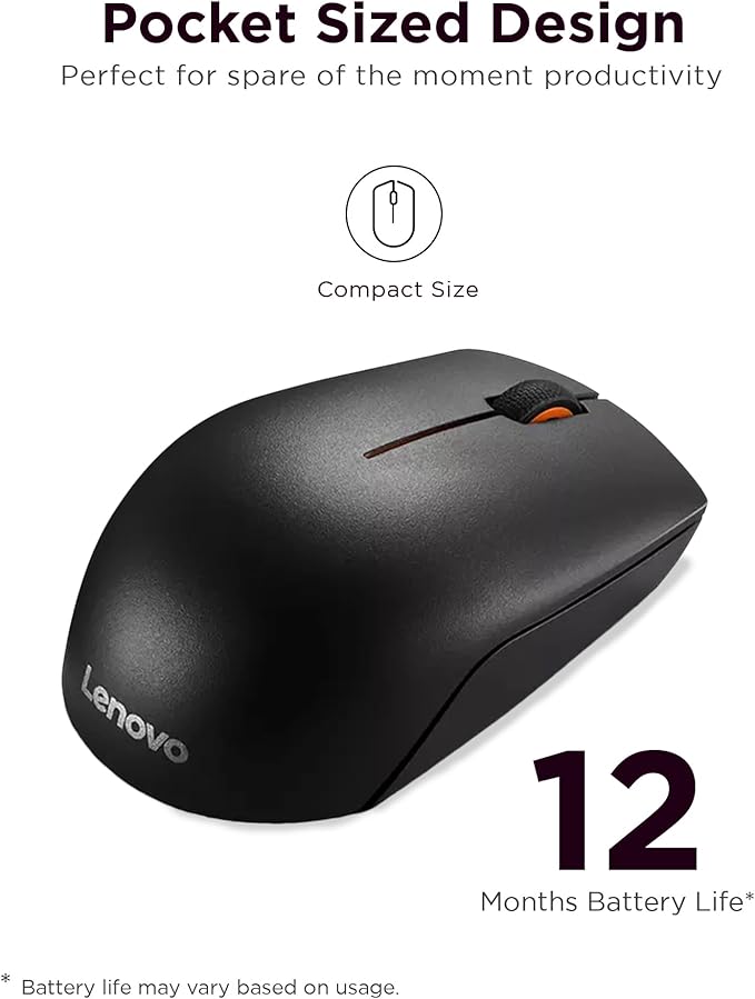 Lenovo 300 Wireless Mouse, Black, Computer Mouse for PC and Laptop with Windows, Ambidextrous Design, 2.4 GHz Nano USB Receiver, 12 Month Battery Life