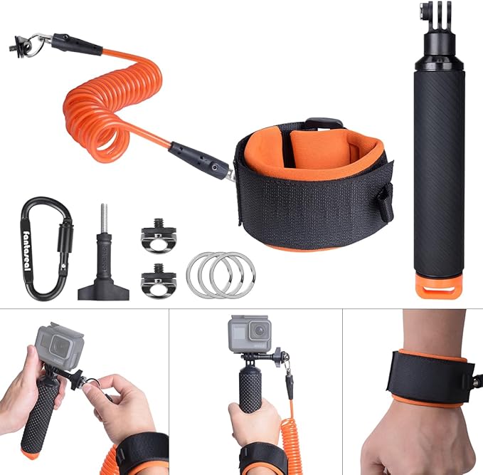 Action Camera Non-Slip Handler Floating Hand Grip Holder Mount + Steel-cored Safety Wrist Strap for GoPro Sony Insta360 Olympus Akaso Underwater Camcorder Diving Surfing Snorkeling Rafting Kayaking