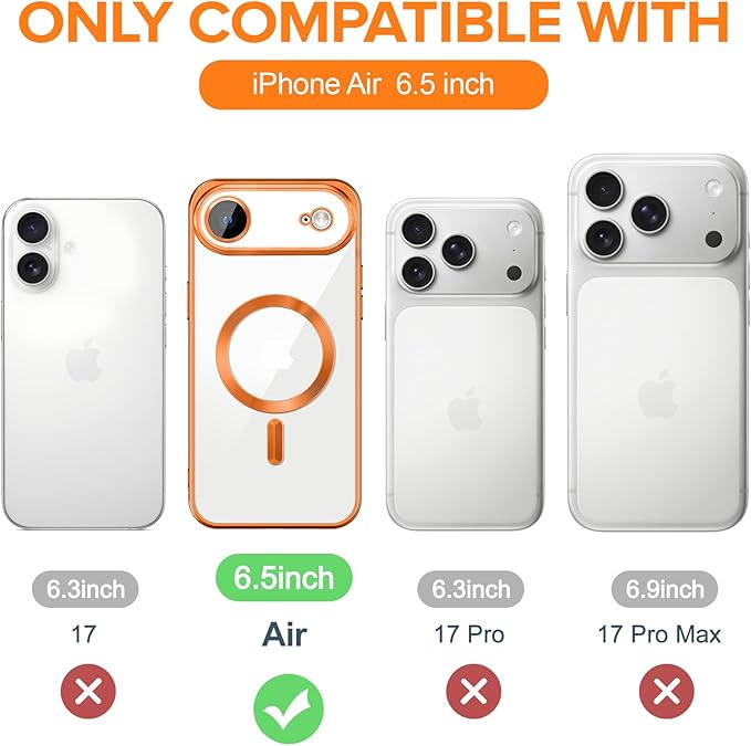Hython Magnetic Clear for iPhone Air Case with Camera Lens Protector [Compatible with MagSafe] Luxury Plating Edge Slim Soft TPU Cover Protective Phone Case for iPhone Air 6.5", Matte Orange