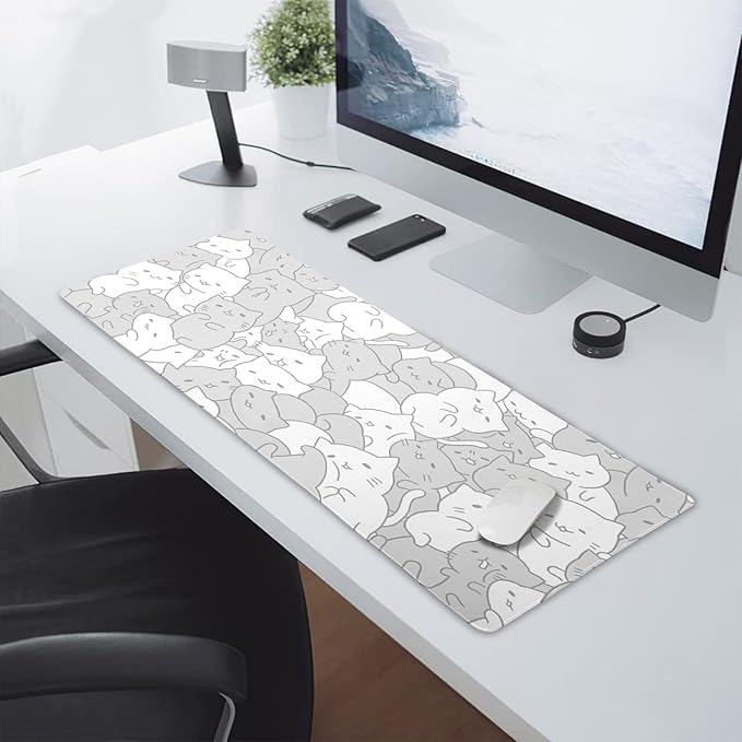 White Kawaii Cats Gaming Mouse Pad XL Cute Anime Kittens Japanese Extended Big Large Desk Mat Non-Slip Rubber Base Stitched Edge Long Keyboard Mousepad for PC Computer Laptop,31.5×11.8 Inches