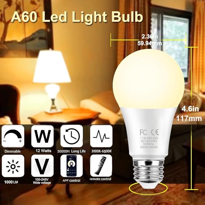 GRV 12W A60 Smart Light Bulb with a 2.4GHz Remote Control,Stepless Dimmable 2700-6500K,100W Incandescent Lamp Equivalent,1000LM CRI>80,E26 Base,Home Decor,2 Bulb & 1Remote