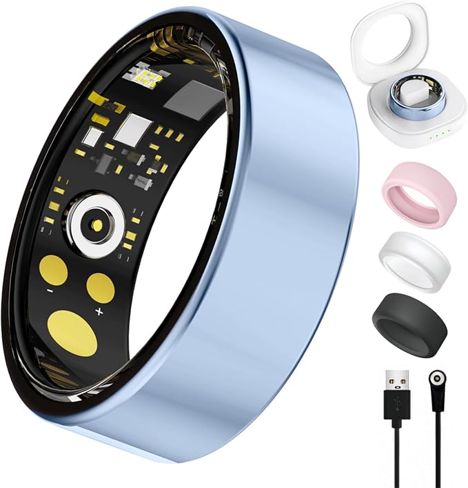 Smart Ring for Women Men, Health Tracker with Heart Rate/Blood Oxygen/Blood Pressure/Sleep Monitoring/Step Counting, IP68 Waterproof Fitness Ring, No App Fees for iPhone & Android (Blue, 9#)