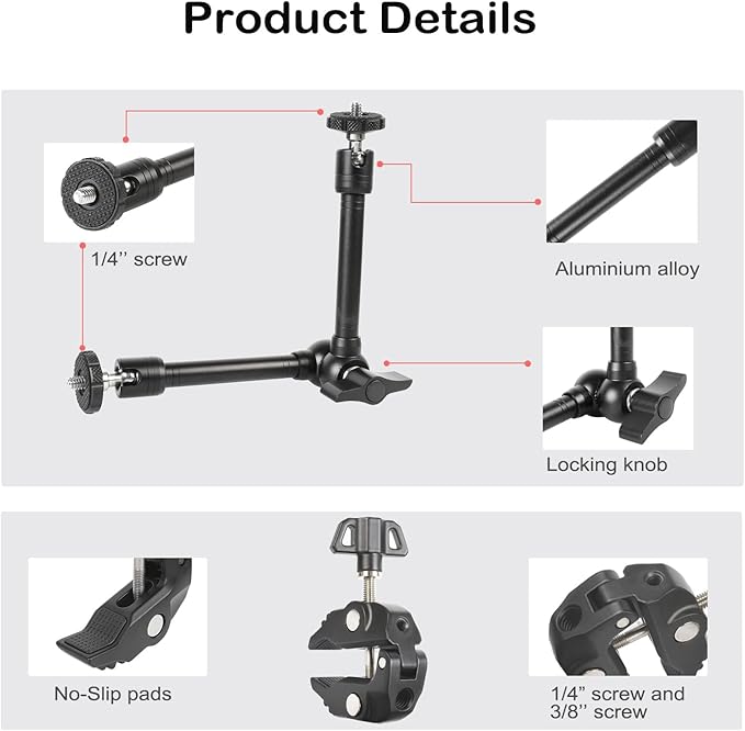PellKing Magic Arm Clamp Kit, Camera Mount Articulating Friction Arm w 2 Pcs Super Clamp, w 1/4"-20 Screw and Thread Hole, for Camera, Light, Monitor, Webcam or Action Camera 2kg, for Table, Tube
