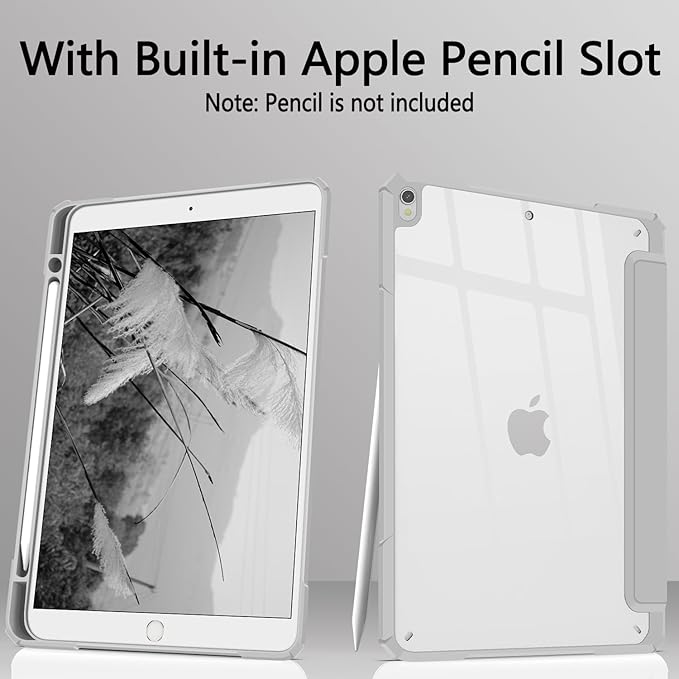 Case Compatible with iPad Air 3rd Generation, iPad Pro 10.5 inch 2017 Case with Pencil Holder, Stand Clear Back Cover for Air 3rd Gen 10.5" 2019, Auto Sleep/Wake, Grey White