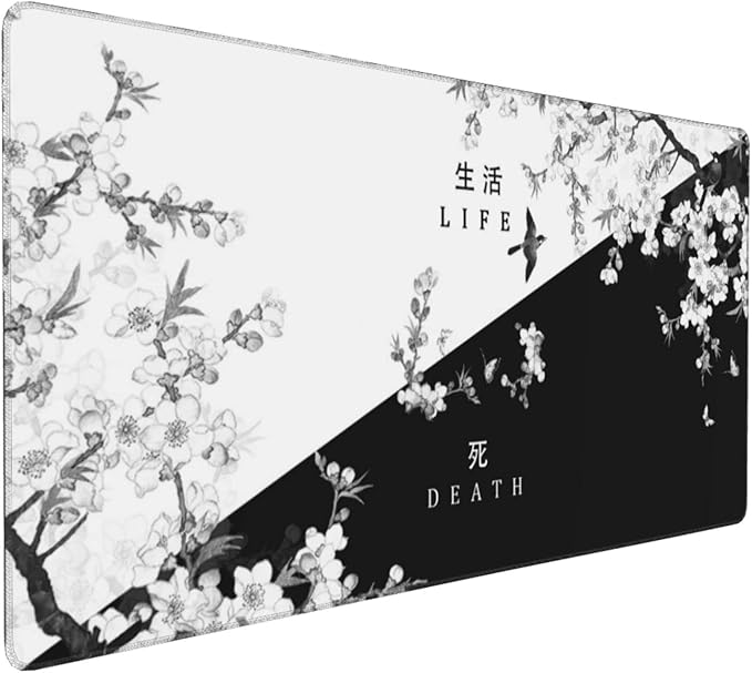 XXL Large Gaming Mouse Pad,Japanese Sakura Death Life Extended Desk Pad Non-Slip Rubber Base 35.4x15.7in with Stitched Edges Waterproof Full Desk Pads Computer Gaming Mousepads for Work/Game/Office