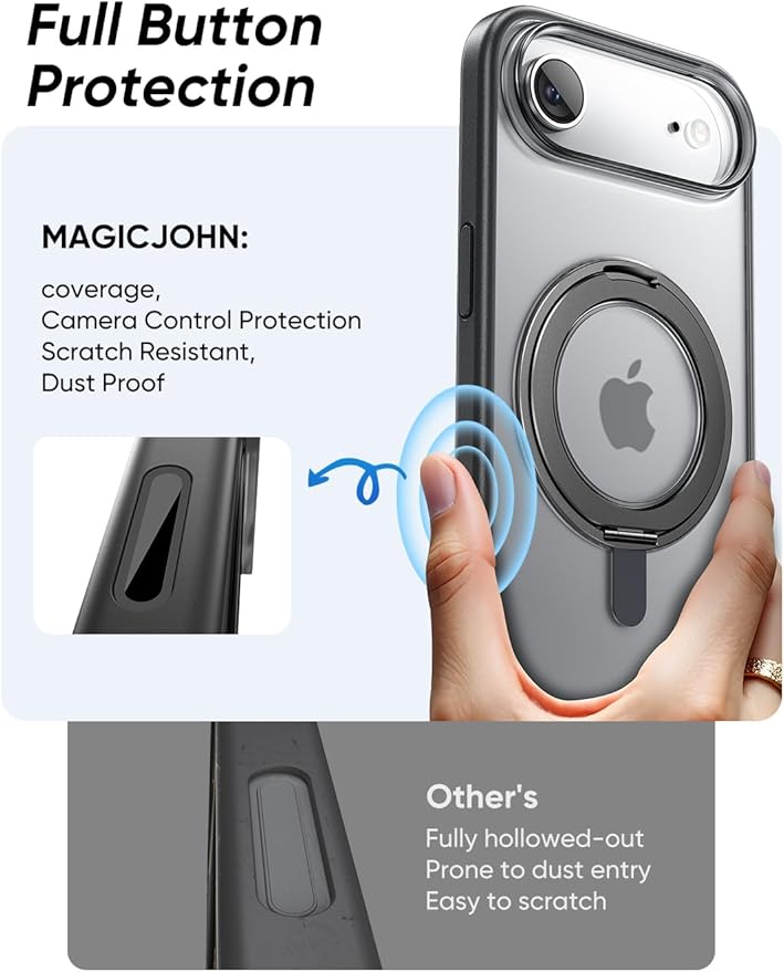 MAGIC JOHN 360° Rotatable Magnetic Invisible Stand for iPhone 17 Air Case [Camera Control Button] [Compatible with MagSafe] 16FT Shockproof for iPhone 17 Air Case with Kickstand, Black