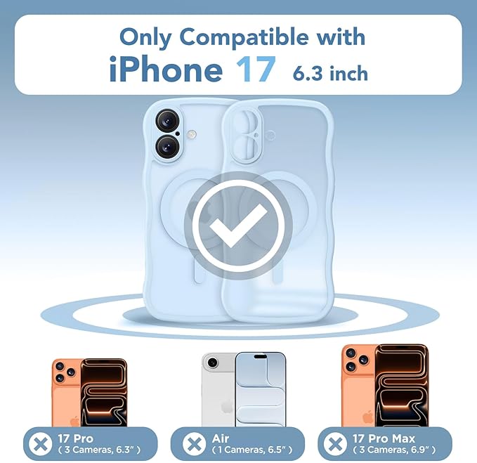 CAPRARO Magnetic for iPhone 17 Case for Women Girls, Upgraded [Full Camera Protection] [Compatible with MagSafe] Cute Wave Translucent Matte Phone Case for iPhone 17, Light Blue