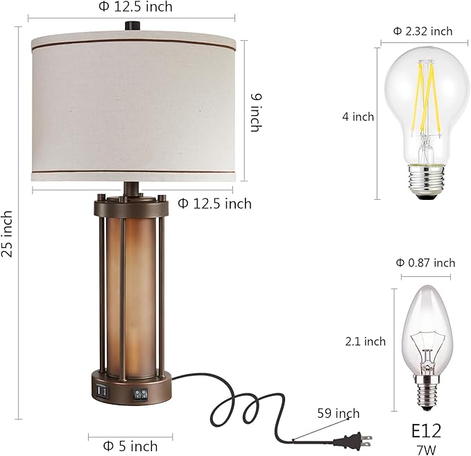 RORIA Farmhouse Table Lamps for Living Room with 2 USB Charging Ports, Vintage Rustic Nightstand Lamp with Amber Glass Nightlight, Retro Desk Lamp for Bedroom Entryway, 2 Bulbs Included