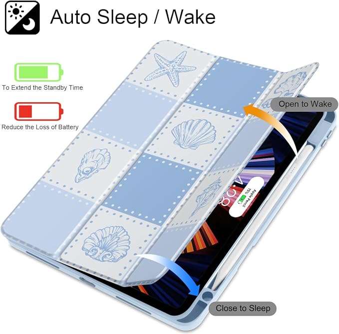 May Chen for iPad Pro 13 Inch Case M5 2025 / M4 2024, Built Pencil Holder & Clear Transparent Print Back Shell Slim Stand Shockproof Tablet Cover, Auto Wake/Sleep, Blue Checkered