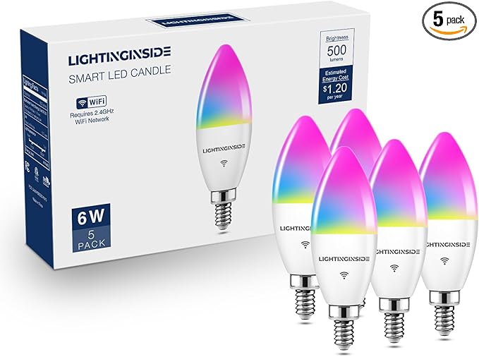 Lightinginside E12 Smart Light Bulbs 60W Equiv., 500LM 6W RGBCW Candelabra Chandelier Candle Bulb Works with Alexa/Google Home/Smart Life, 2.4G WiFi Bluetooth Bulbs, No Hub Required, ETL Listed, 5PCS