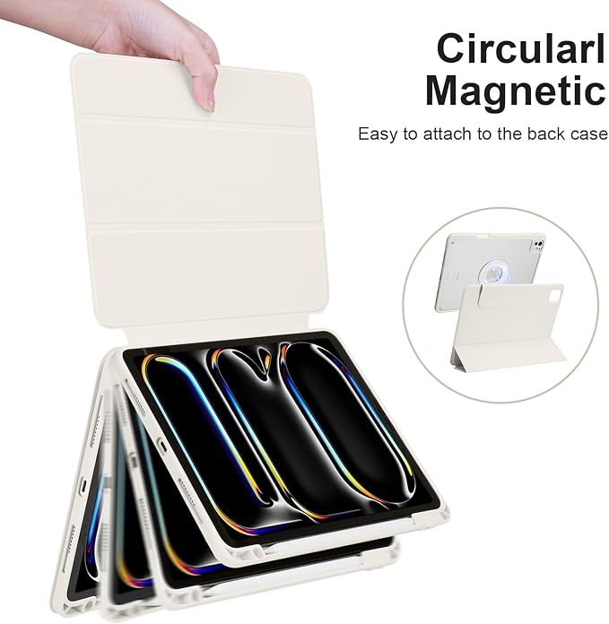 Case for iPad Pro 11 inch M5/M4 (2025/2024, 6th/5th Generation), Removable and Detachable Magnetic Cover with Pencil Holder, Vertical Adjustable Stand, Tri-Fold Multi-Angle, White