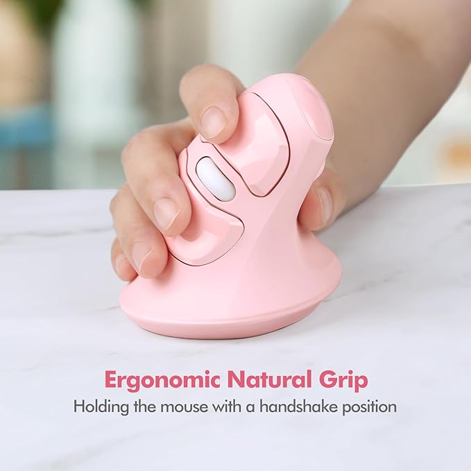 MicroPack Ergonomic Vertical Wireless Mouse, Silent Cordless Office Mouse with USB-A & Type-C Receiver, 800/1200/1600 DPI, 6 Buttons, Reduces Wrist Strain for Work, Windows, Mac, PC & Laptop Pink