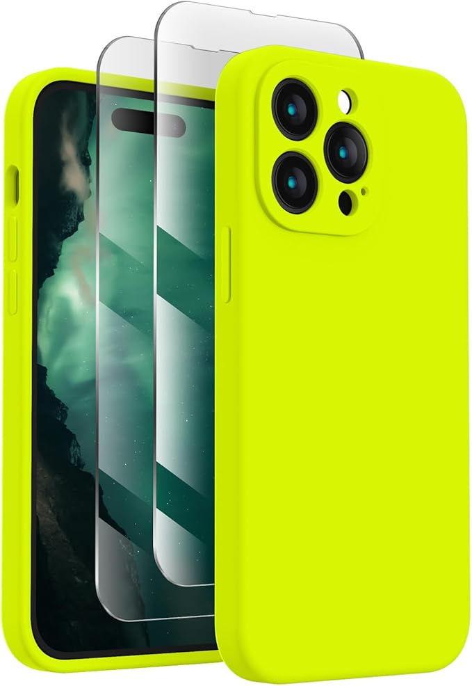 FireNova Designed for iPhone 14 Pro Max Case, Silicone Upgraded [Camera Protection] Case with [2 Screen Protectors], Soft Anti-Scratch Microfiber Lining Inside, 6.7 inch, Fluorescent Green