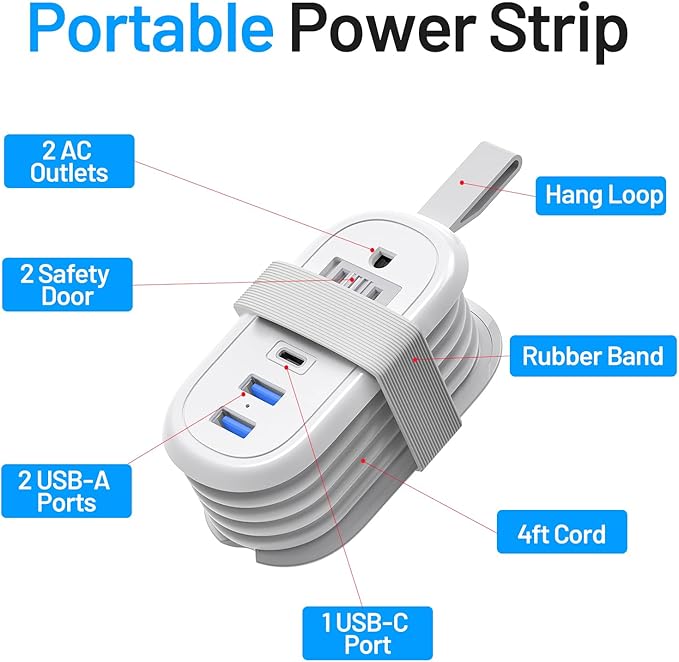 BEVA Travel Power Strip with USB C Ports, PD 20W Fast Charge 2 Outlets 3 USB Ports, 4 FT Travel Flat Plug Extension Cord, Non Surge Protector for Cruise Ship Travel Essentials(PD20W Charge White)