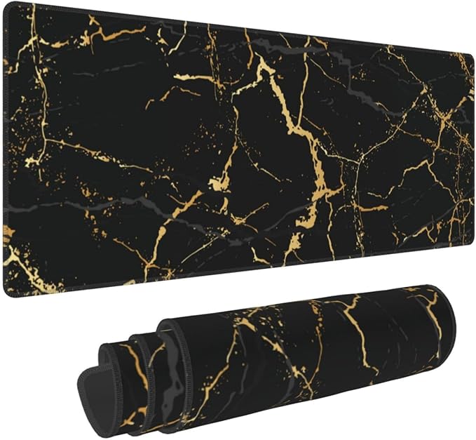 Black and Gold Marble XL Large Mouse Pad with Stitched Edges Long Non-Slip Rubber Base Mousepad Laptop Keyboard Mat Desk Pad for Office Home Desk Decor, 31.5" X 11.8"