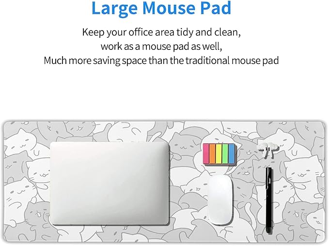 White Kawaii Cats Gaming Mouse Pad XL Cute Anime Kittens Japanese Extended Big Large Desk Mat Non-Slip Rubber Base Stitched Edge Long Keyboard Mousepad for PC Computer Laptop,31.5×11.8 Inches