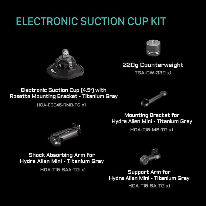 Tilta Hydra Alien Mini Electronic Suction Cup Kit - Titanium Gray | Compatible with DJI Pocket 3/4 Camera, and Other Action cams/Smartphones | Hydraulic Damping | Adjustable Arm