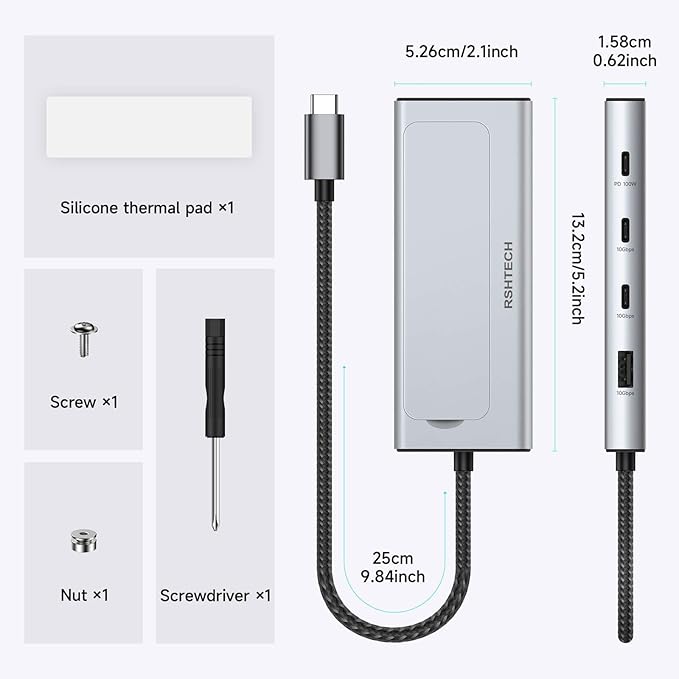 RSHTECH 5-in-1 USB C Hub with M.2 NVMe/SATA SSD Enclosure, 10Gbps USB Data Ports (1A + 2C) and 100W Power Delivery, Aluminum USB-C Dock Dongle for MacBook, Laptops and More