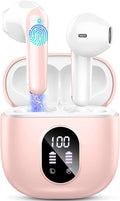 Wireless Earbuds, Bluetooth 5.4 Headphones 50H Playback Bass Stereo Ear Buds with 4 ENC Cancelling Mics, Bluetooth Earbuds Dual LED Display IP7 Waterproof in-Ear Earphones USB-C for Android iOS Pink