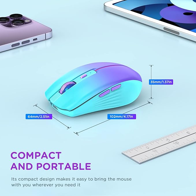 RAPIQUE Bluetooth Wireless Mouse, Rechargeable Slient Multi-Device Computer Mice (Tri-Mode: BT1/2+2.4Ghz) with USB Receiver, Ergonomic Cordless Mouse for Laptop/MacBook/PC/iPad(Mint Green to Purple)