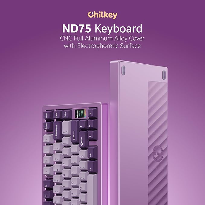 Chilkey ND75 Aluminum Keyboard 75% Percent Wireless Gaming Mechanical Keyboard with LCD Screen, Quick Assembly, BT/2.4G/USB-C, Hot Swappable Per-Key RGB Custom Purple Key Board for Laptop Office PC