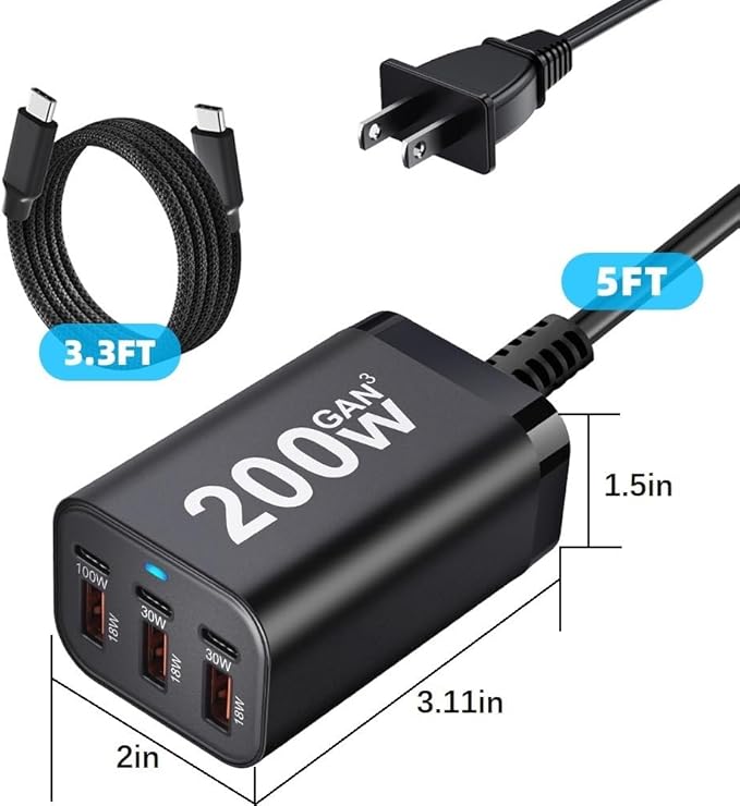 200W USB C Charge Block,6 Port PD 100W 65W 45W GaN Charger,Multi Port Fast Charging Station Hub for Multiple Devices,MacBook,iPad,iPhone,HP DELL Laptop,Galaxy Android Cell Phone