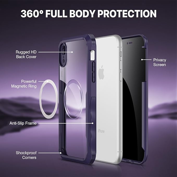 CENHUFO Privacy Magnetic for iPhone XR Case, Full Body Phone Case Built-in 9H Tempered Glass Privacy Screen Protector [Compatible with Magsafe] Shockproof Protective Bumper Clear Cover - Purple