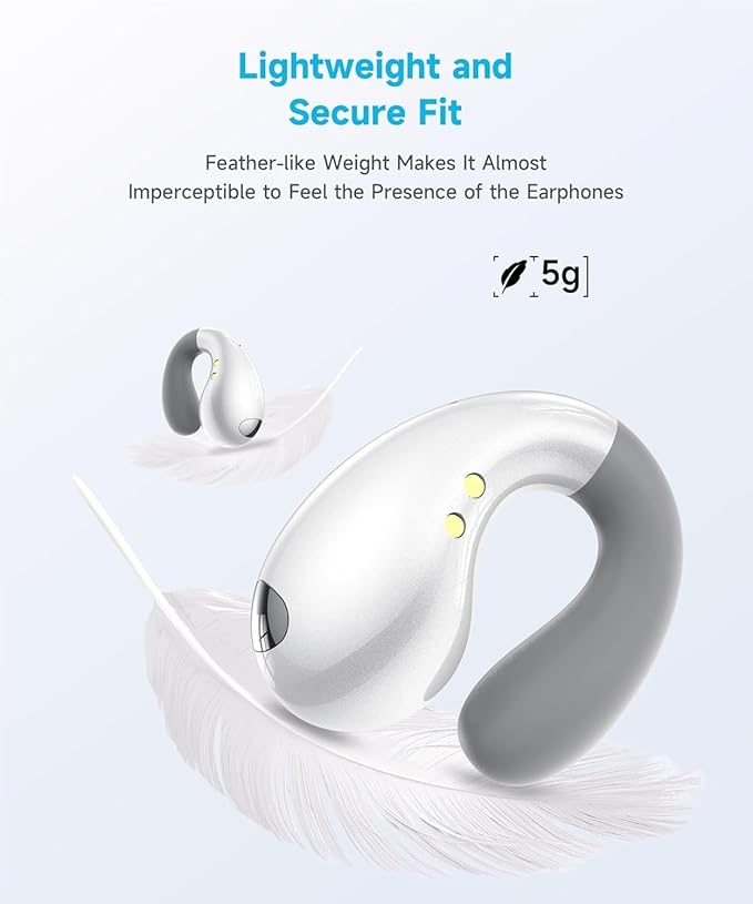 Boytond Ultra Open Ear Earbuds - Comfortable Clip-On Bone Conduction Earbuds, Over-The-Ear Open Headphones with Waterproof Build for Running, Gym Workouts, and Outdoor Sports, Elegant White
