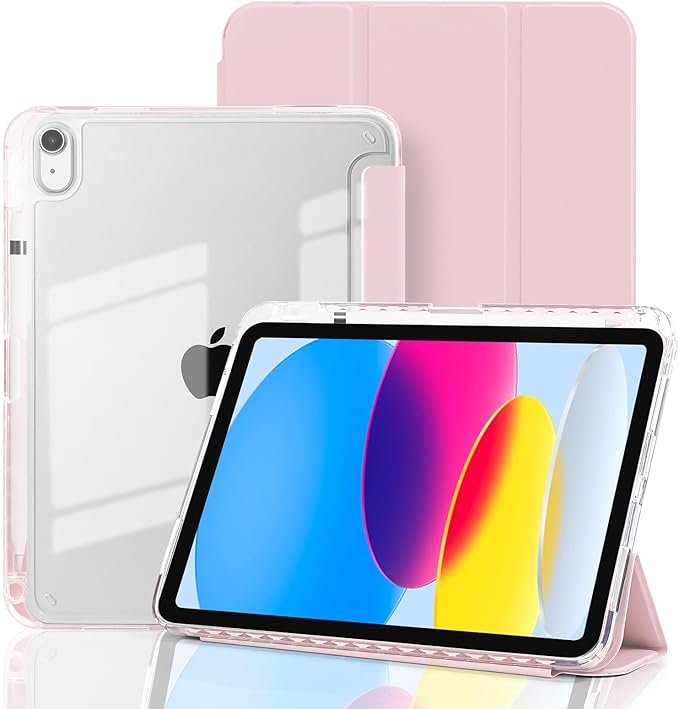 Case for iPad A16 11th Generation 11 Inch 2025, iPad 10th Generation 10.9 Inch 2022, Hybrid Protective Cover with Pencil Holder, Clear Transparent Back Shell Anti-Yellowing Case, Pink